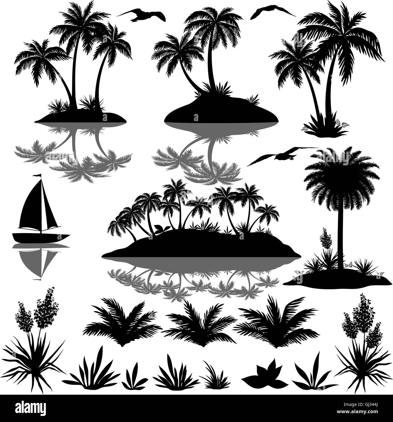 Tropische set mit Palmen Silhouetten Stock Vektor