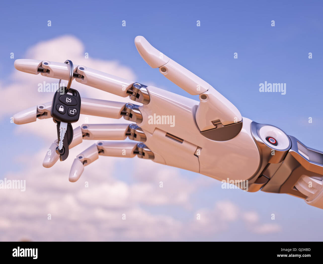 Cyborg-Hand mit Autoschlüssel vor Blue Sky 3d Illustration Stockfoto