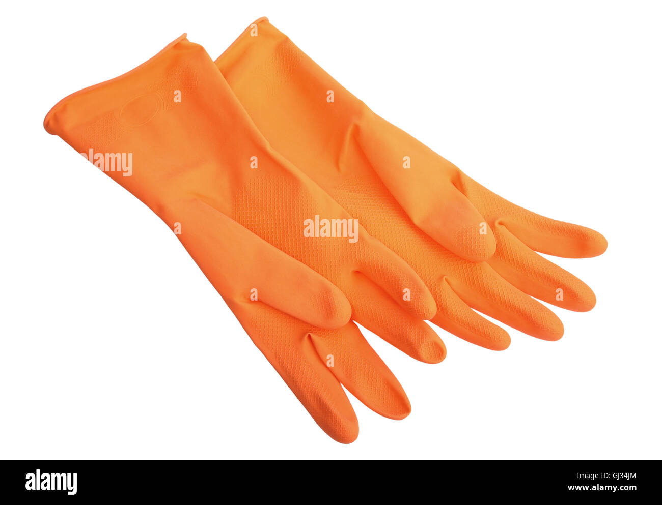 Zwei orange Gummihandschuhe. Stockfoto