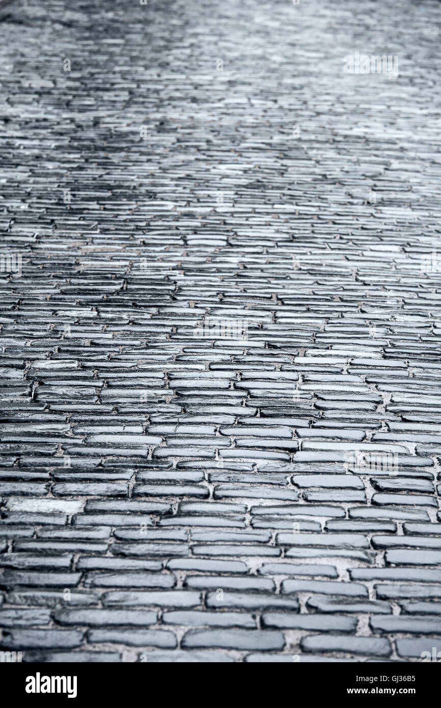 Dunkle feuchte gepflasterten Straße mit Reflexion nach Regen Stockfoto