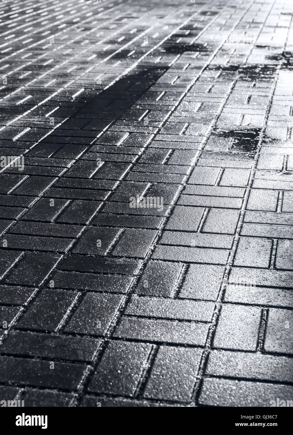 nass glänzenden gepflasterten Gehweg städtische Straße Hintergrund Stockfoto