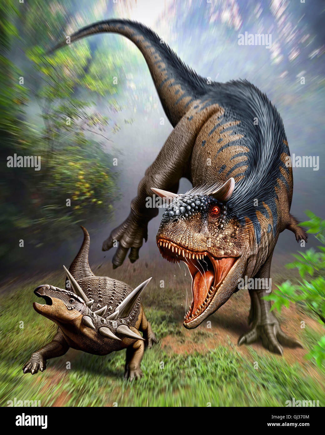 Carnotaurus greift meist aus der späten Kreidezeit Stockfoto