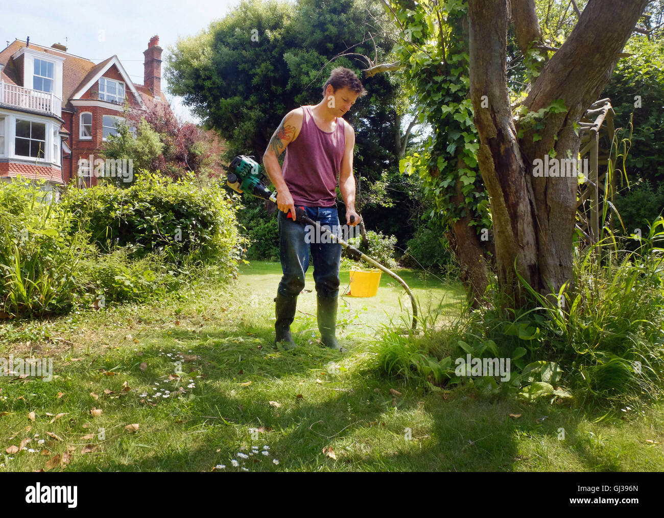 Reifer Mann, Gartenarbeit, mit Trimmgerät Stockfoto