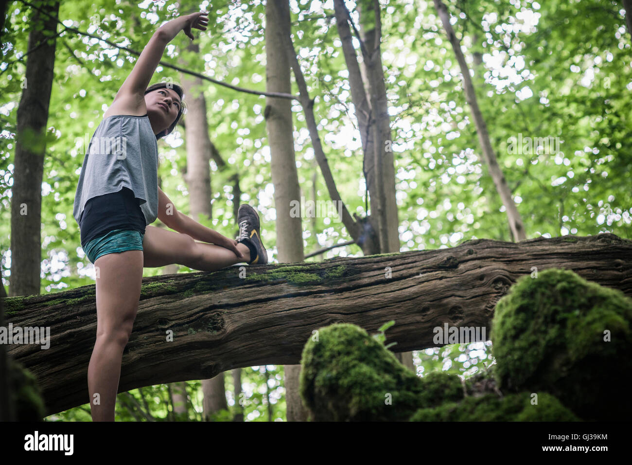 Mitte Erwachsene Frau im Wald trainieren, stretching Stockfoto