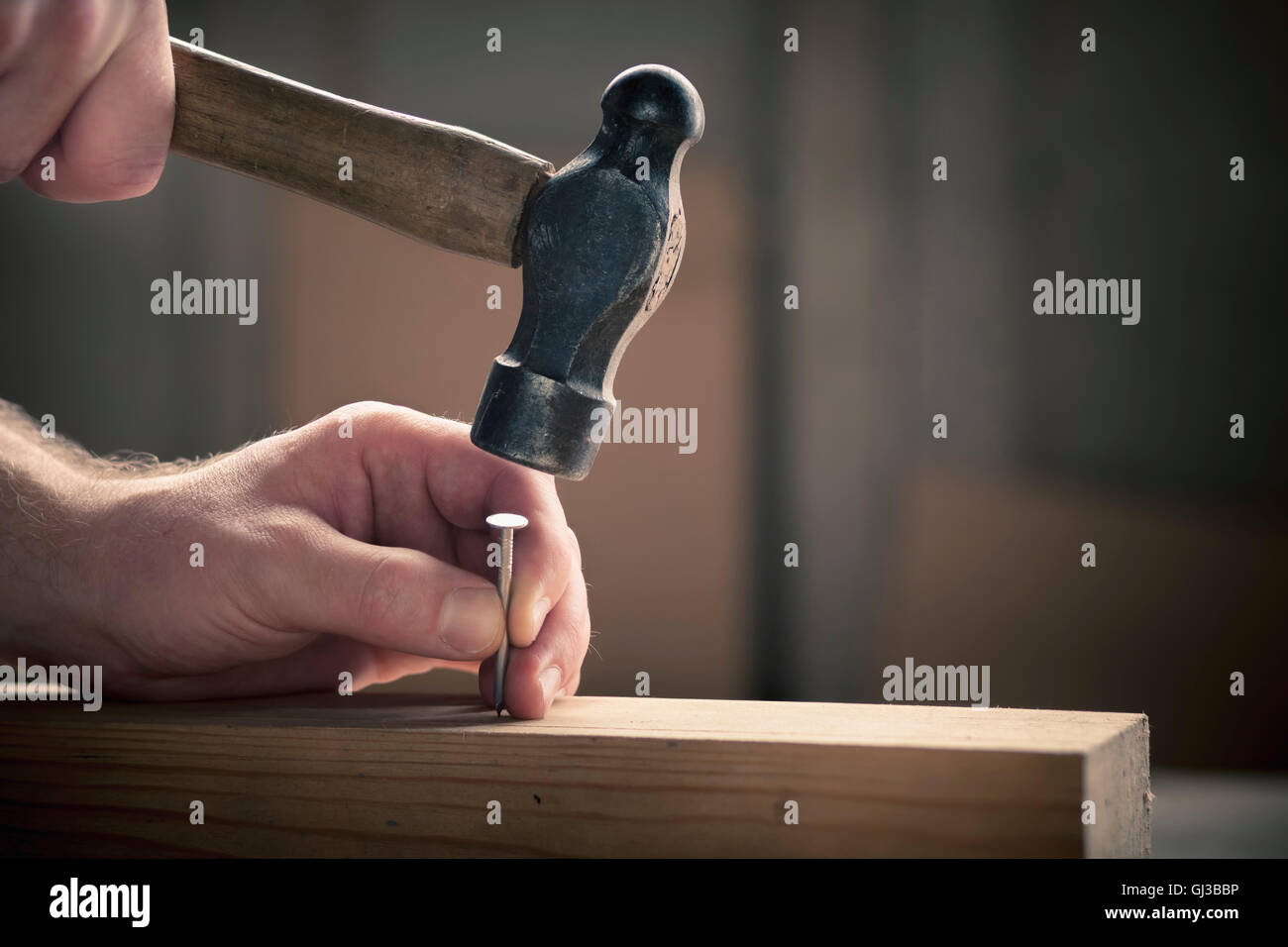 Hand Nagel ins Holz mit Hammer klopfen Stockfoto