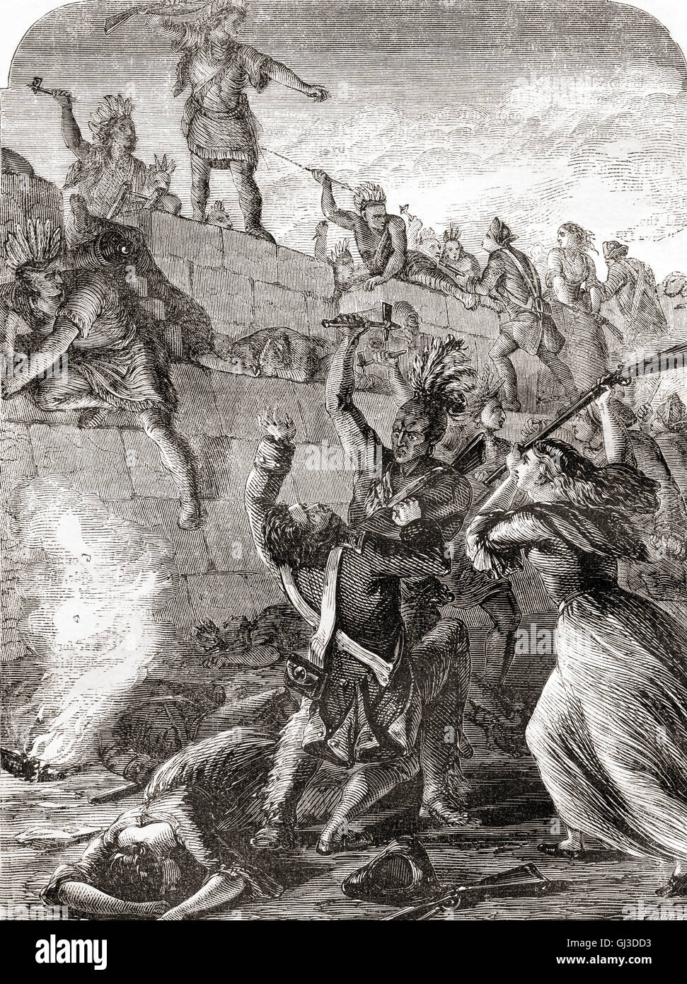 Die Schlacht von Wyoming begleitet aka Wyoming Massaker während des amerikanischen Unabhängigkeitskrieges zwischen amerikanischen Patrioten und Loyalisten von Irokesen Raiders, die am 3. Juli 1778 in Wyoming Valley of Pennsylvania stattgefunden. Stockfoto