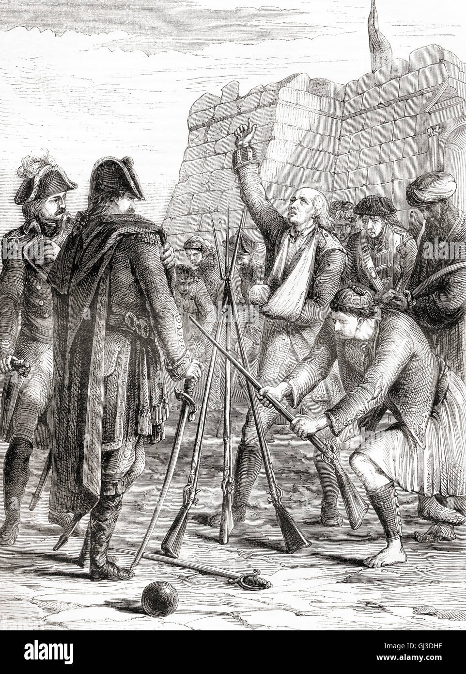 Die Kapitulation der britischen Garnison von Fort St. Philip, Menorca, Spanien nach der Franco-spanischen Eroberung der Insel im Februar 1782. Stockfoto