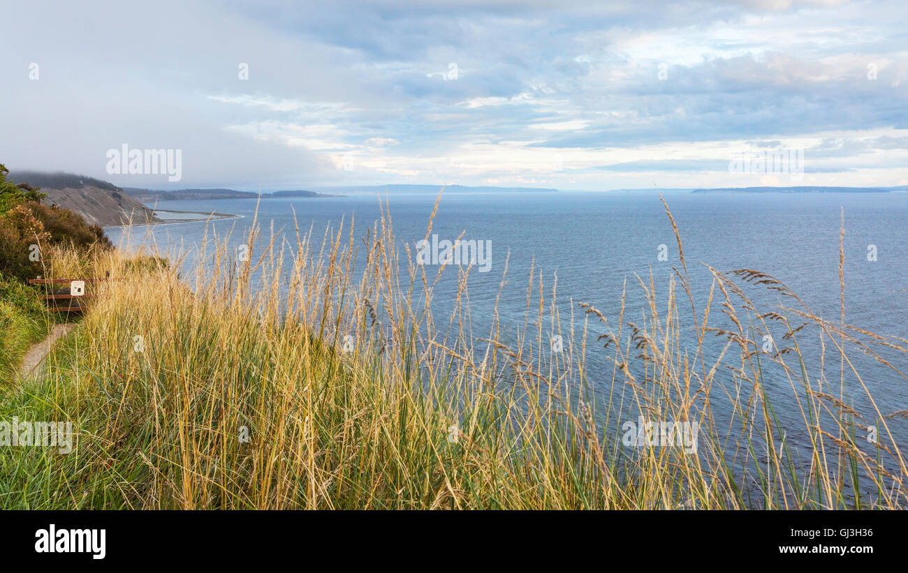 Bluff Trail über Strait of Juan de Fuca. Fort Ebey State Park. Whidbey Island, WA. Felsbrocken und Surf. Stockfoto