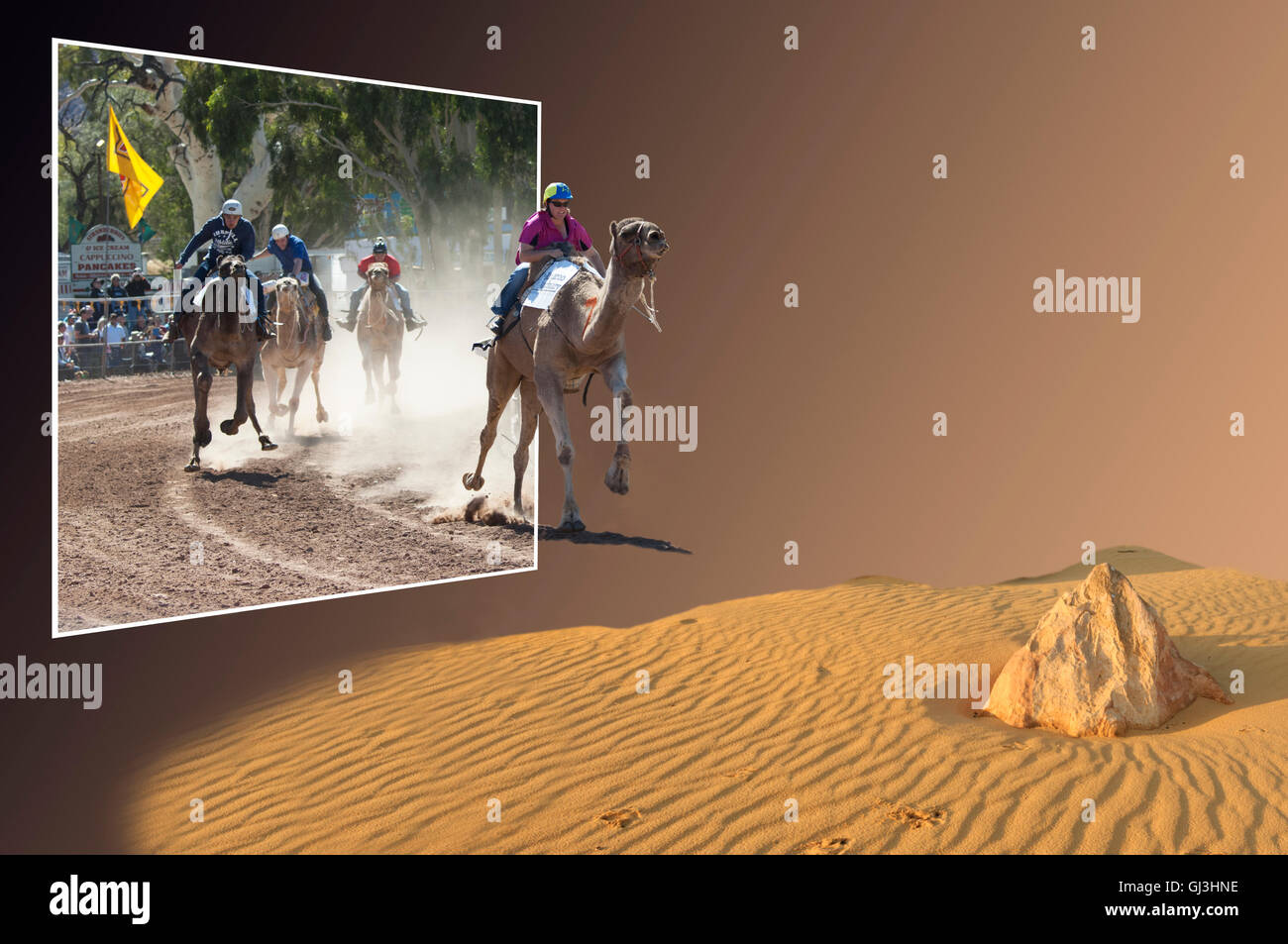 Aus dem Rahmen: Flucht aus der verrückten Rennen Reiterin 2015 Camel Cup, Alice Springs, Northern Territory, Australien Stockfoto
