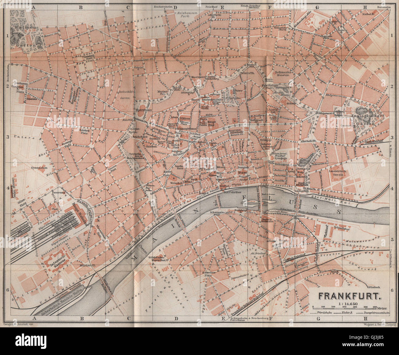 FRANKFURT AM MAIN antiken Stadt Stadt attraktivem. Hessen Karte. BAEDEKER, 1896-Karte Stockfoto