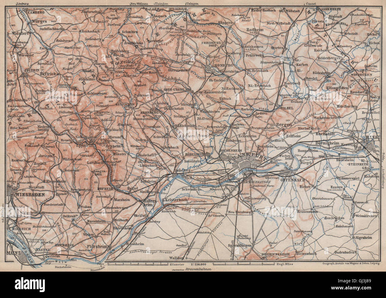 TAUNUS-Berge. Wiesbaden-Frankfurt Am Main-Hanau. Deutschland Karte, Karte von 1896 Stockfoto