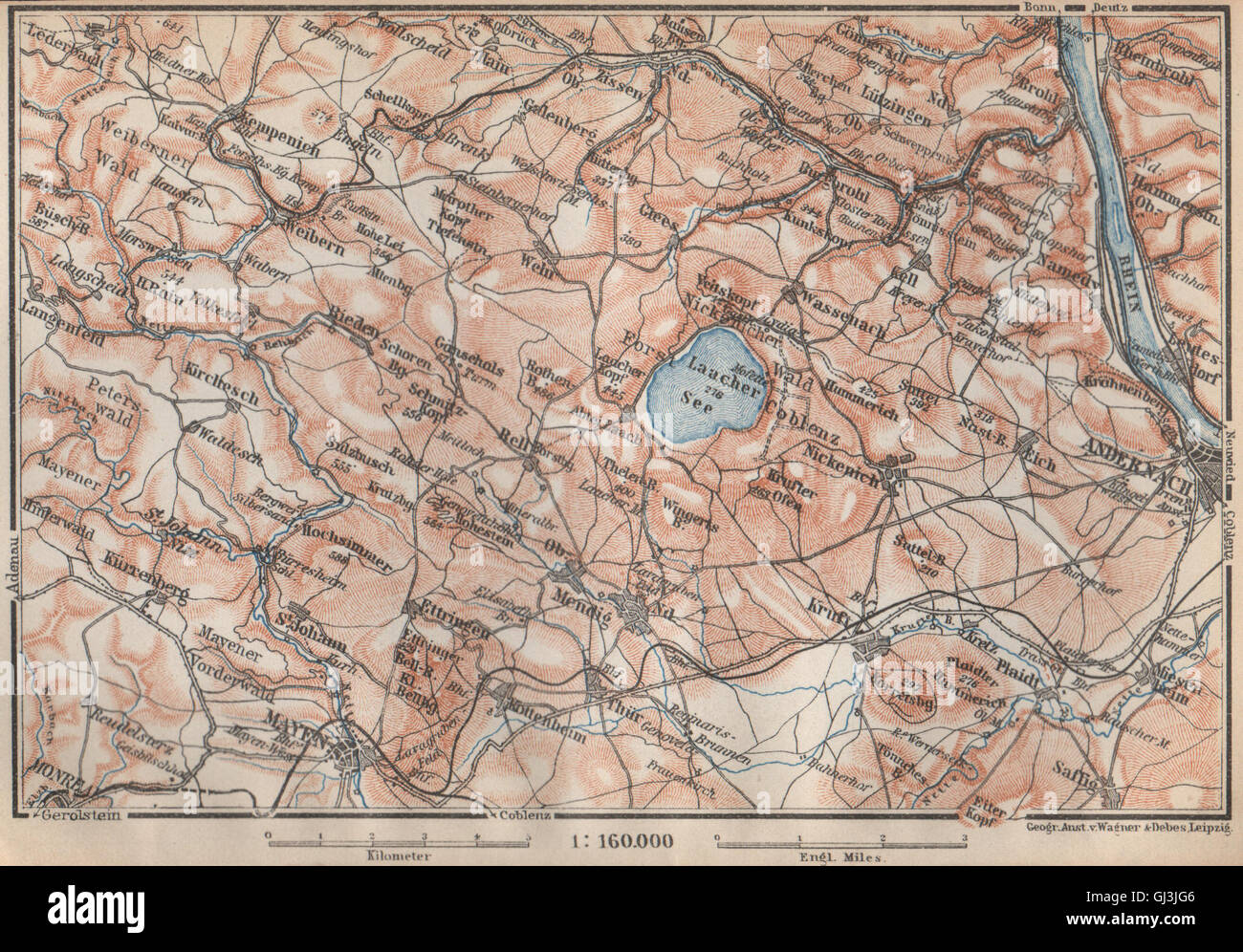 LAACHER SEE. Vulkaneifel Topo-Karte Andernach Mayen Rheinland-Pfalz, 1926 Stockfoto