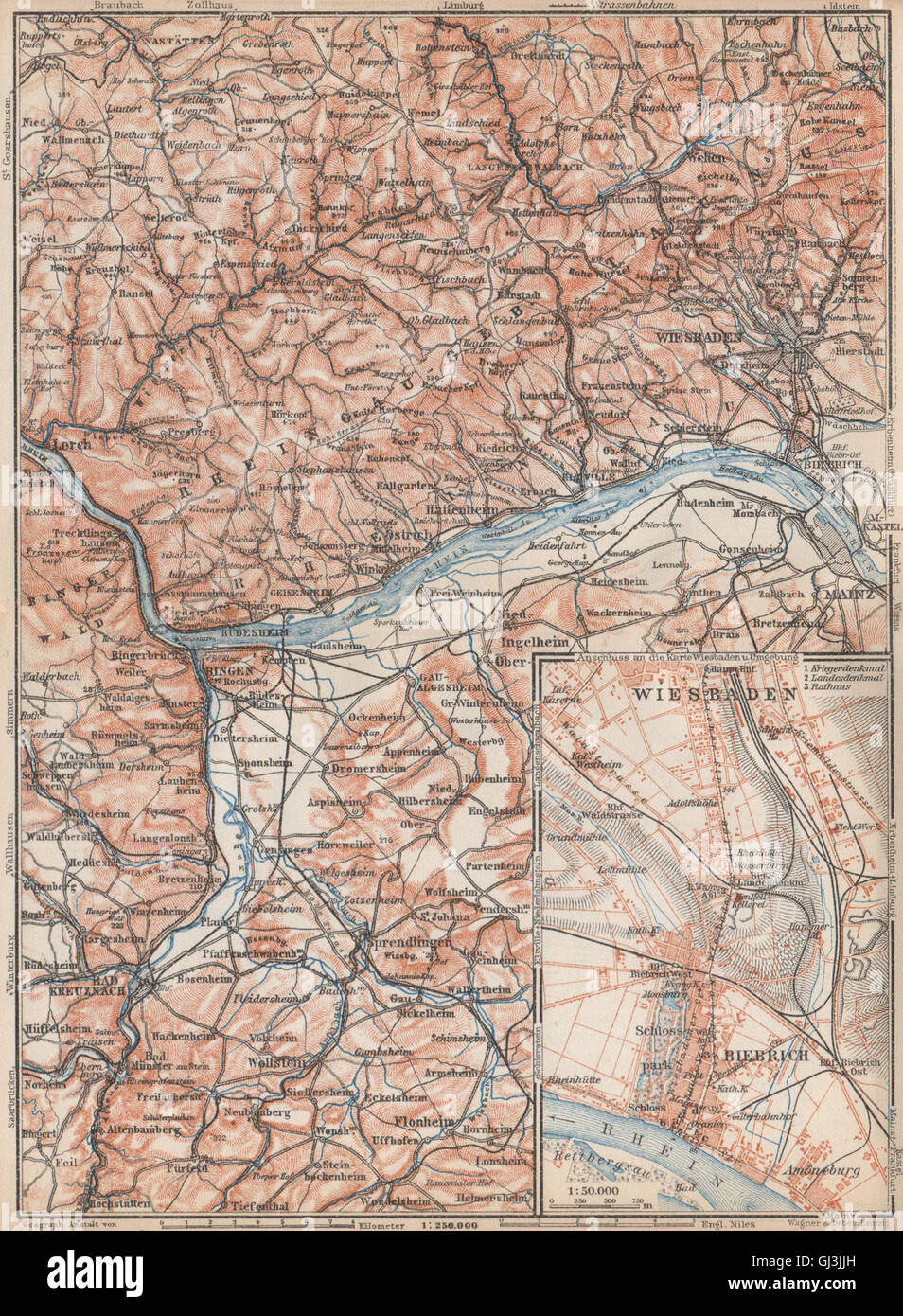 DER RHEINGAU Topo-Karte. Wiesbaden Lorch Rüdesheim Mainz. Deutschland Karte, 1926 Stockfoto