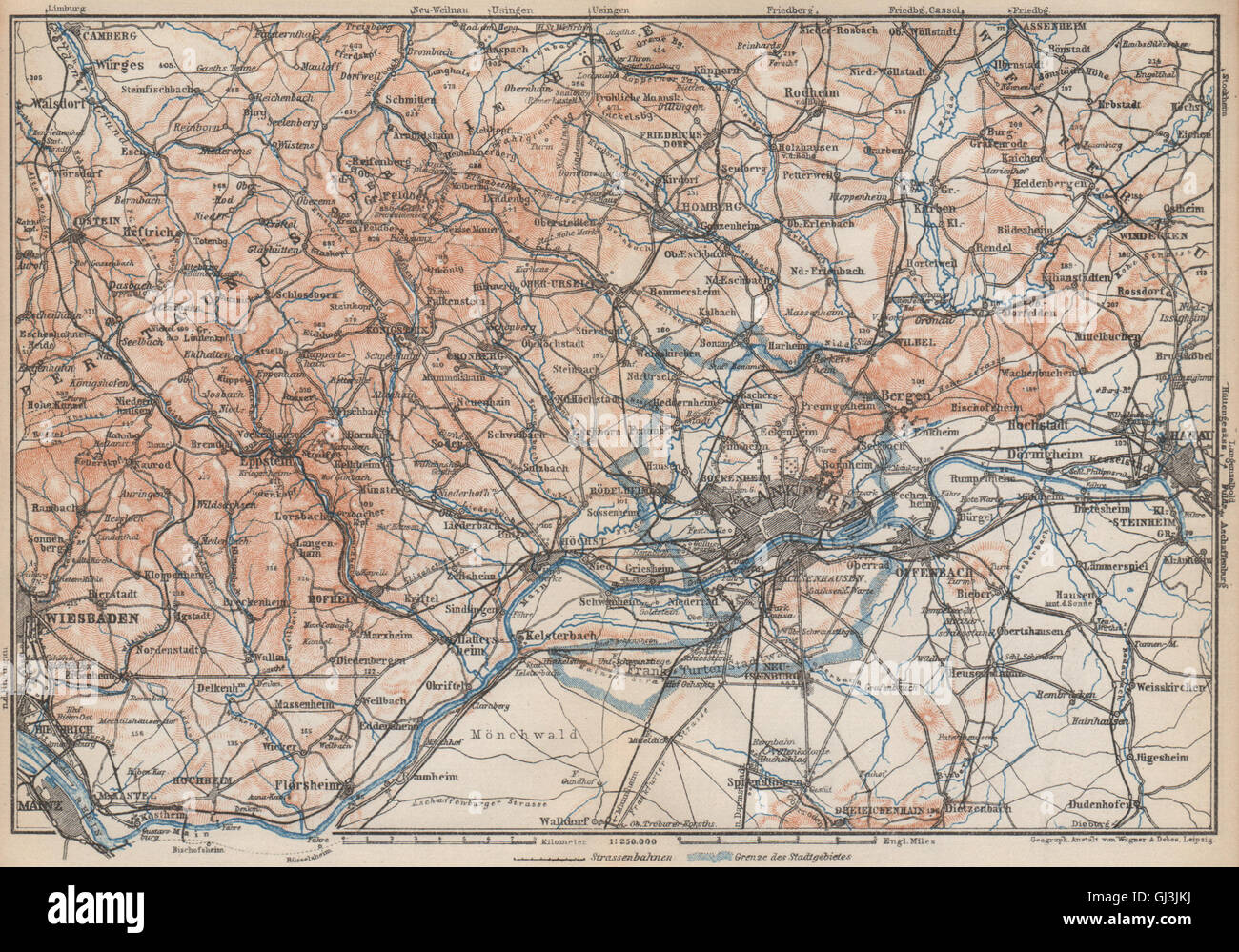 TAUNUS-Berge. Wiesbaden-Frankfurt Am Main-Hanau. Deutschland Karte, 1926-Karte Stockfoto