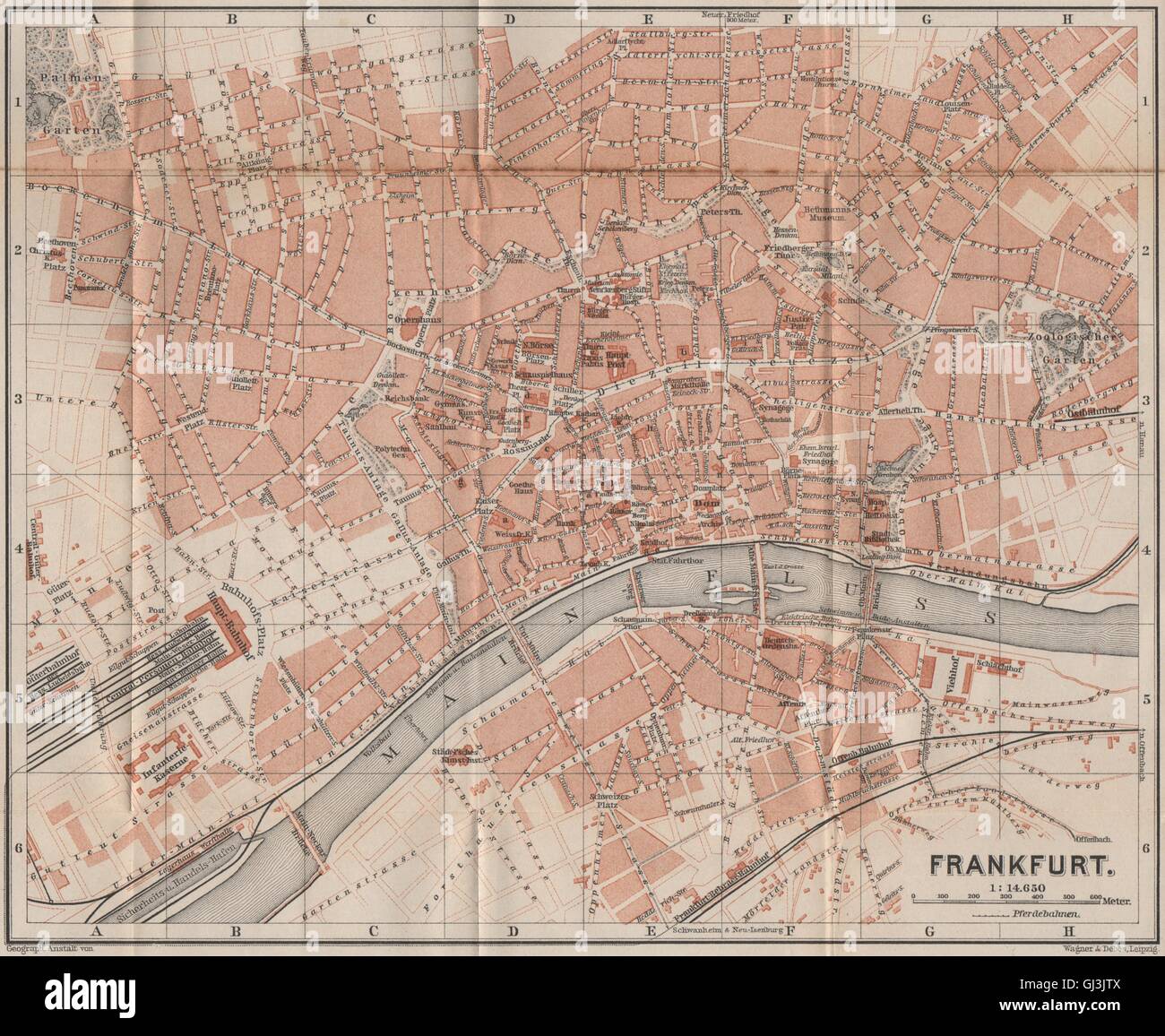 FRANKFURT AM MAIN antiken Stadt Stadt attraktivem. Hessen Karte. BAEDEKER, 1889-Karte Stockfoto