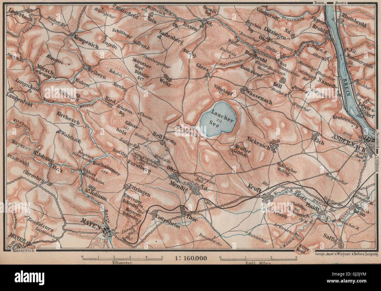 LAACHER SEE. Vulkaneifel Topo-Karte Andernach Mayen Rheinland-Pfalz, 1892 Stockfoto