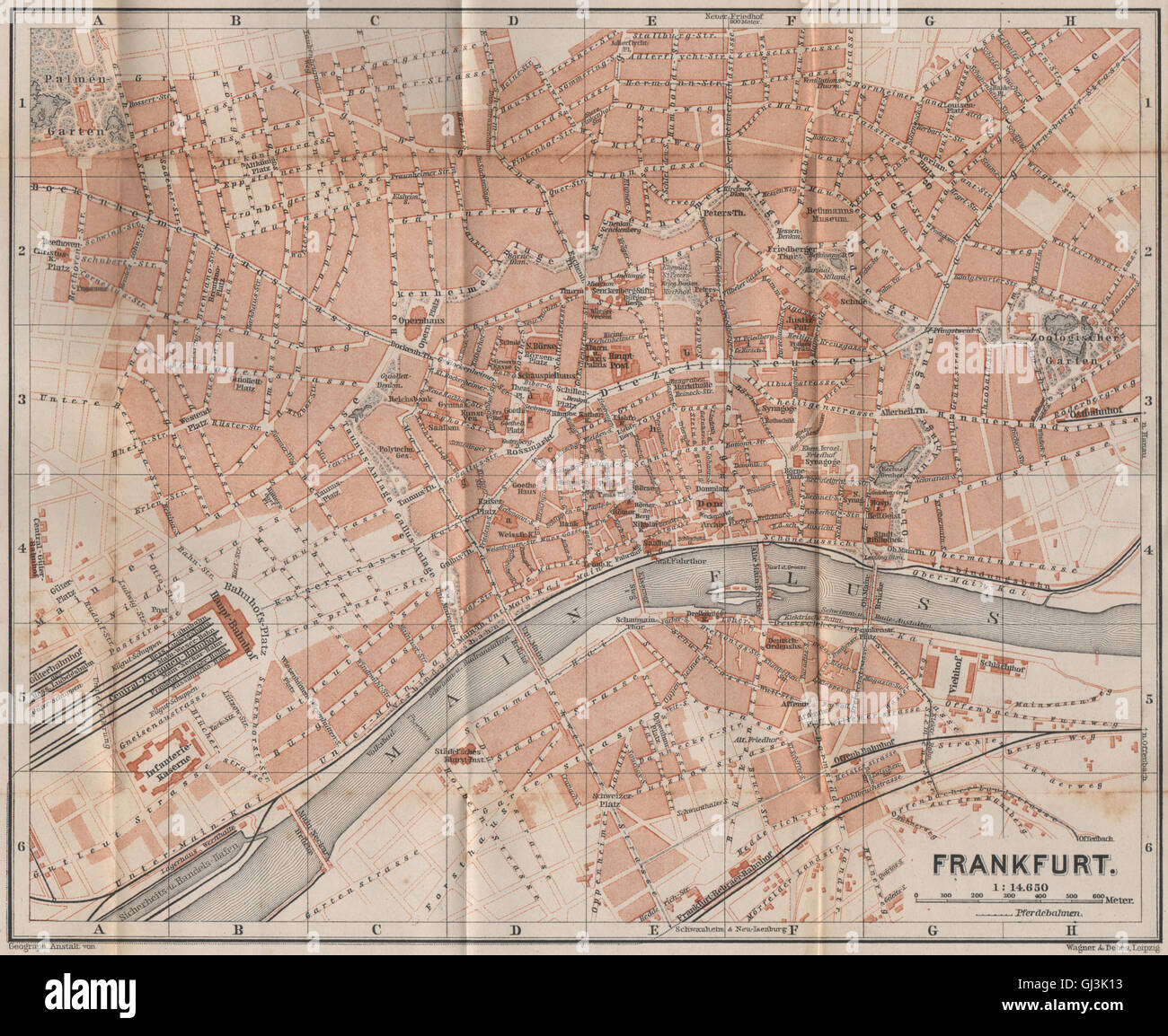 FRANKFURT AM MAIN antiken Stadt Stadt attraktivem. Hessen Karte. BAEDEKER, 1892-Karte Stockfoto