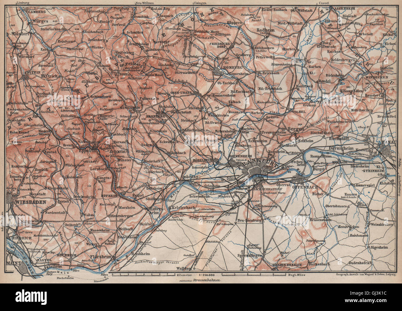 TAUNUS-Berge. Wiesbaden-Frankfurt Am Main-Hanau. Deutschland Karte, Karte von 1892 Stockfoto