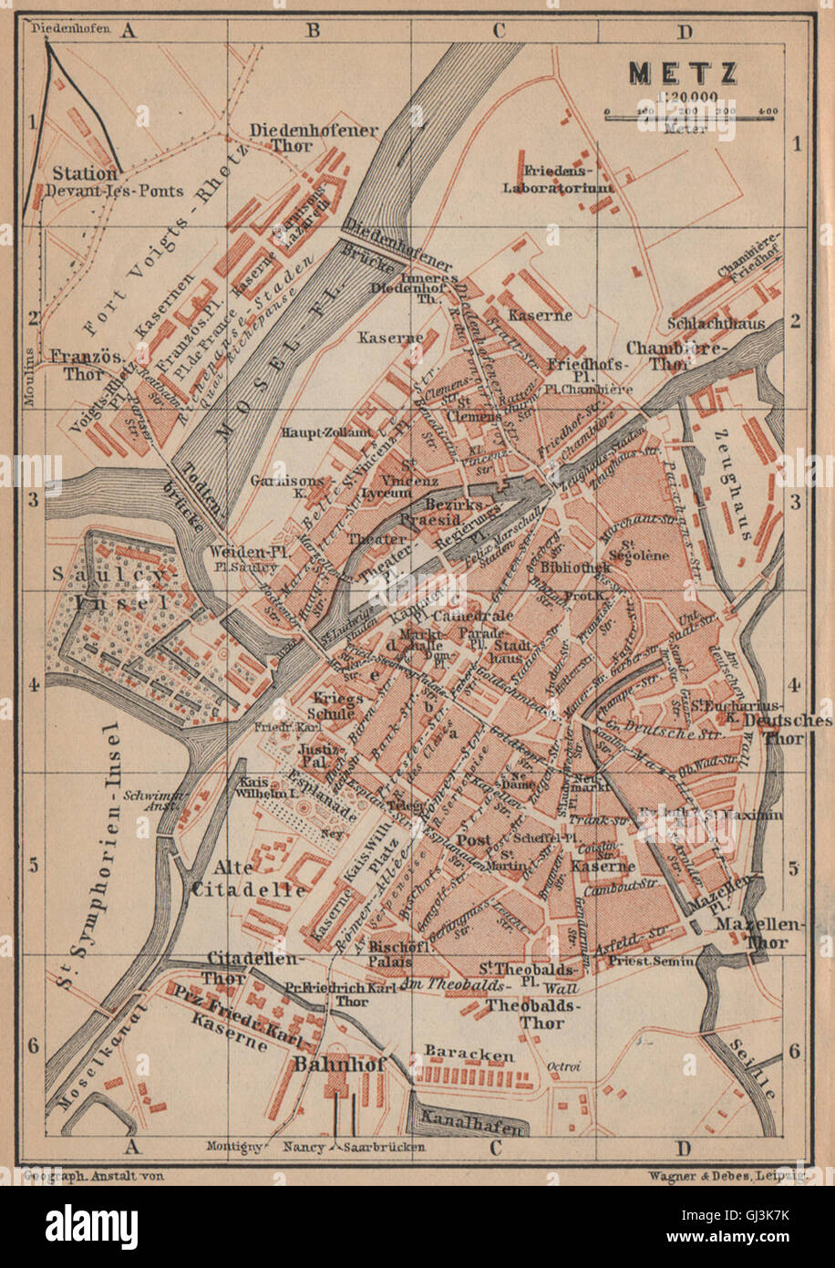 METZ antiken Stadt Stadt attraktivem. Mosel-Carte. BAEDEKER, 1903 Antike Landkarte Stockfoto