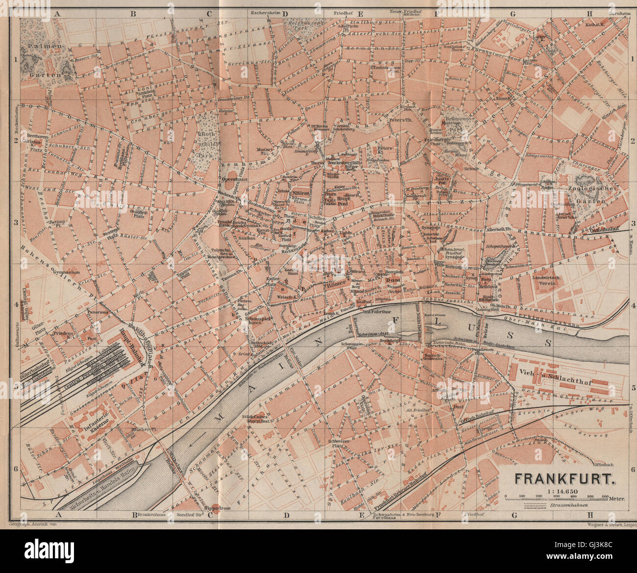 FRANKFURT AM MAIN antiken Stadt Stadt attraktivem. Hessen Karte. BAEDEKER, 1903 Karte Stockfoto