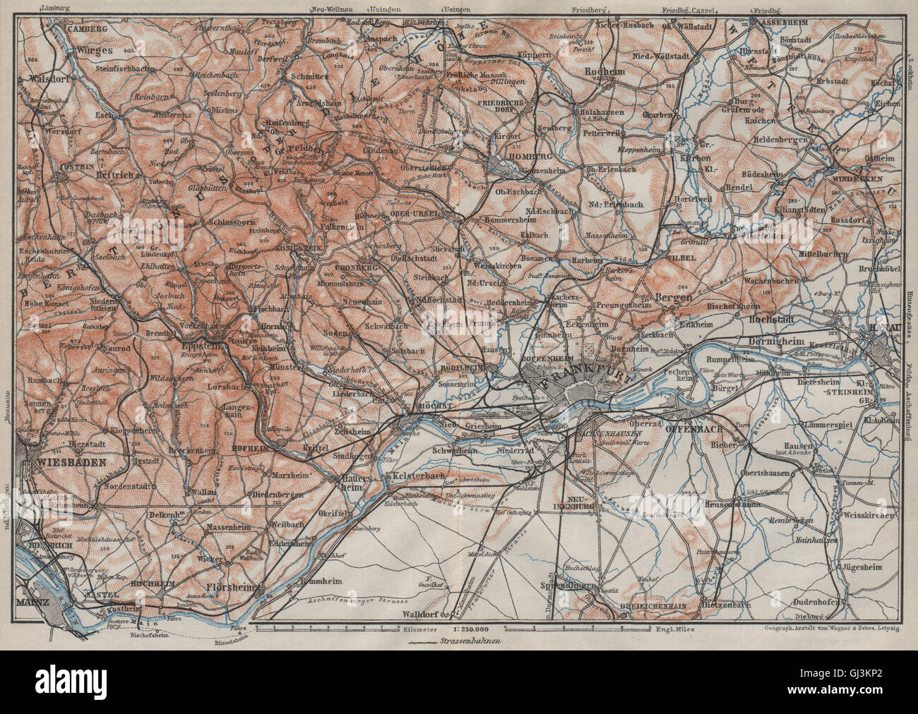 TAUNUS-Berge. Wiesbaden-Frankfurt Am Main-Hanau. Deutschland Karte, Karte von 1906 Stockfoto