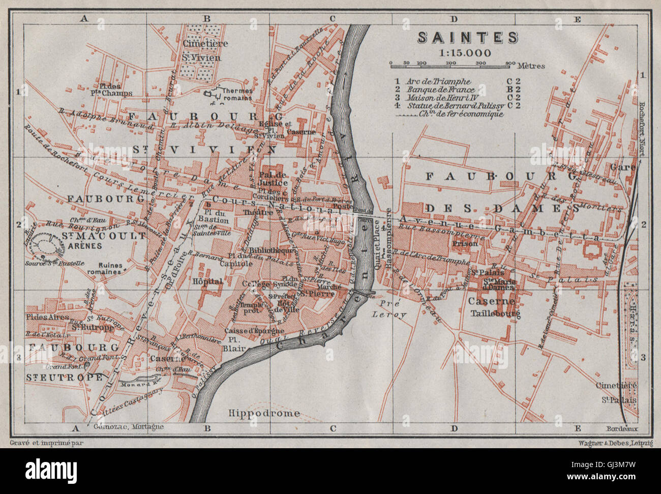 SAINTES antike Stadt Stadt Plan De La Ville. Charente-Maritime Carte, 1907 Karte Stockfoto