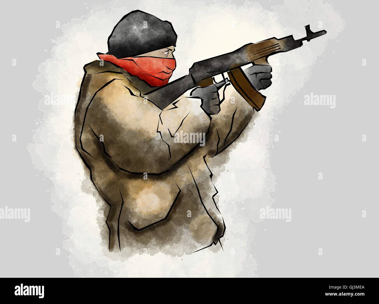Kämpfer mit Gewehr, im Akt der Schießhand gezeichnet Stockfoto