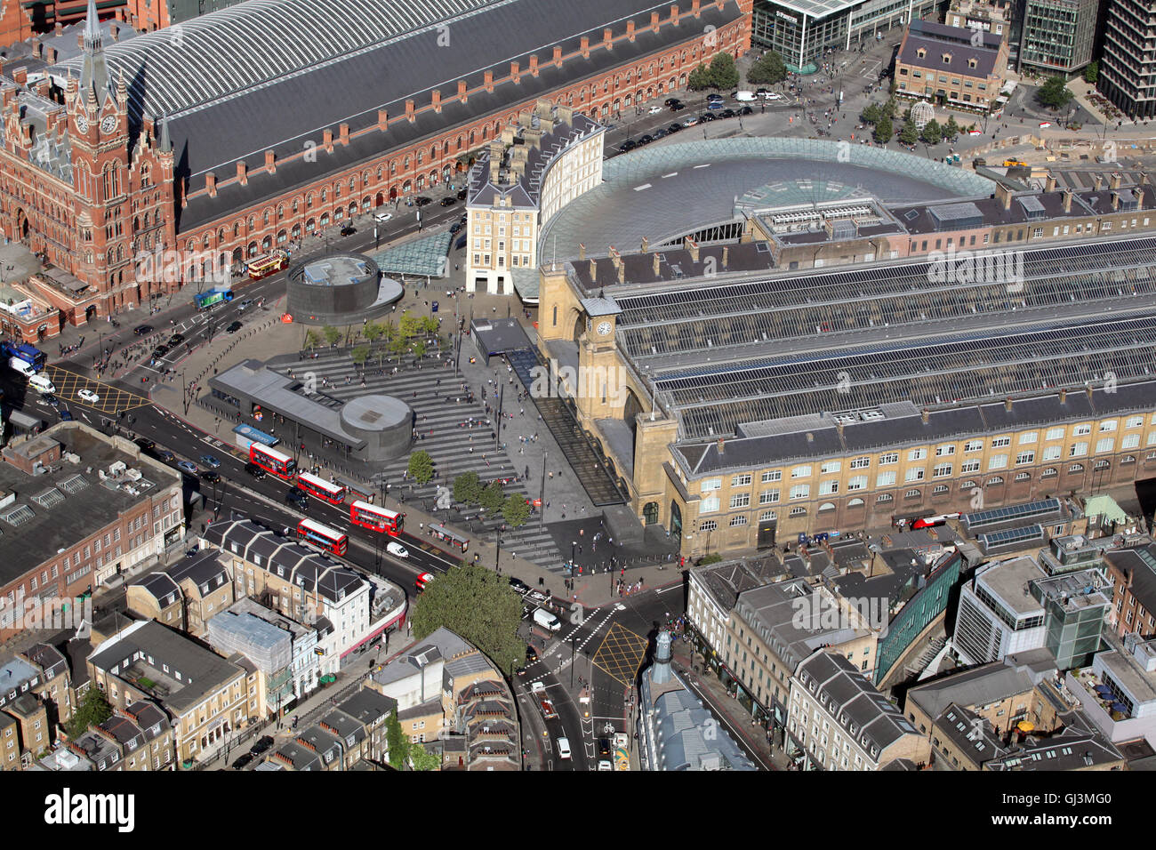 Luftaufnahme der Bahnhöfe Kings Cross & St. Pancras, London, UK Stockfoto