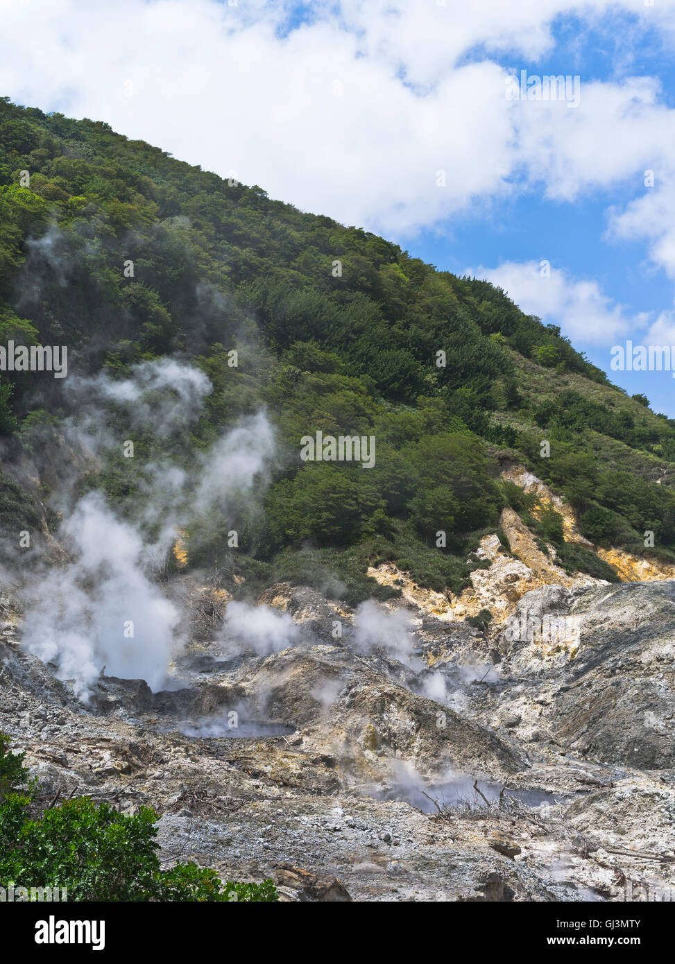 dh Sulphur Springs ST LUCIA Karibik Vulkanlandschaft Schwefel Schlote Rauchen Stockfoto