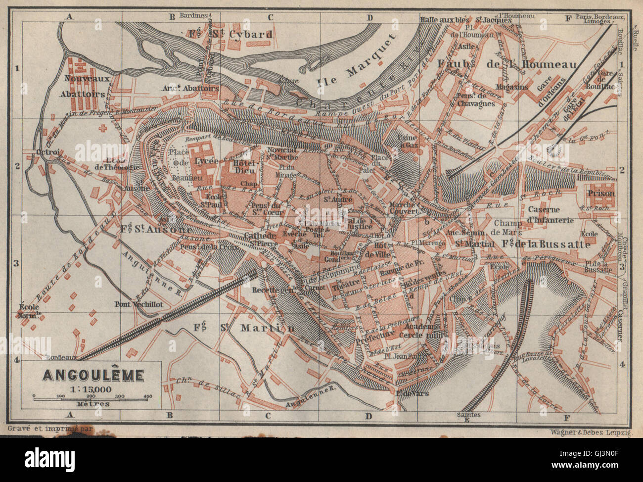 ANGOULÊME antiken Stadt Stadt Plan De La Ville. Charente-Carte. BAEDEKER, 1914 Karte Stockfoto