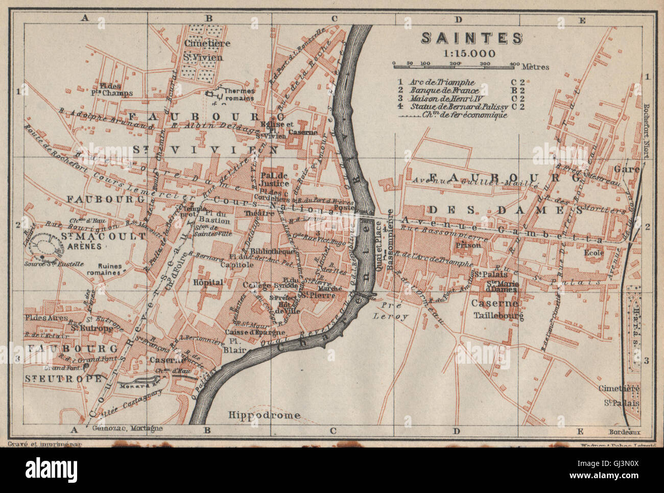 SAINTES antike Stadt Stadt Plan De La Ville. Charente-Maritime Carte, 1914 Karte Stockfoto