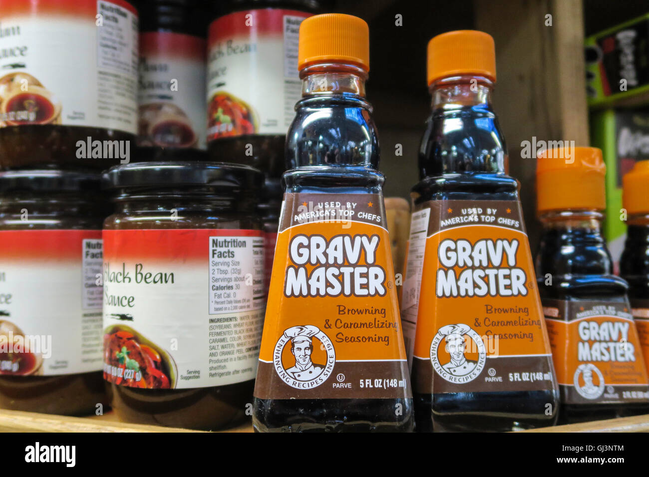 Sauce-Master Flaschen, Essex Street Market, NYC Stockfoto