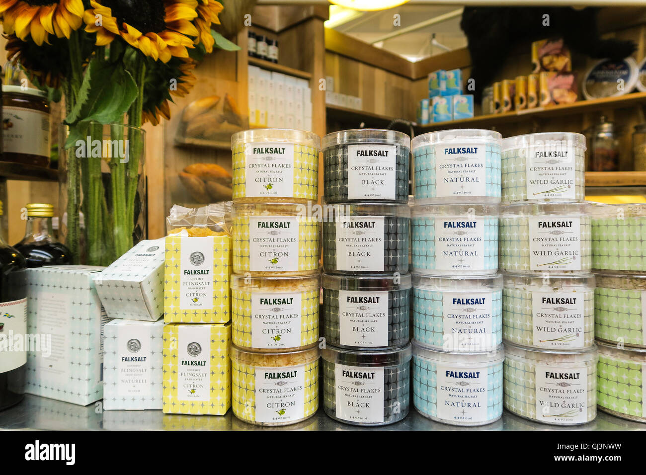 Flaksalt Marke Meer Salze, Essex Street Market, NYC Stockfoto