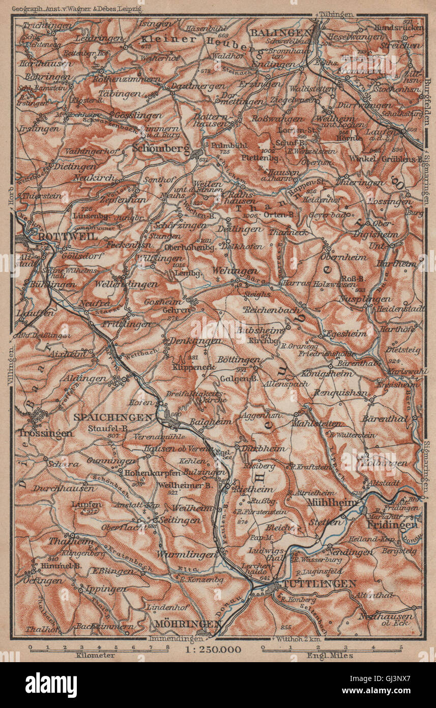 SCHWÄBISCHE ALB Südwest. Schwäbischen Alb. Obere Donau Balingen Tuttlingen, 1902 Karte Stockfoto