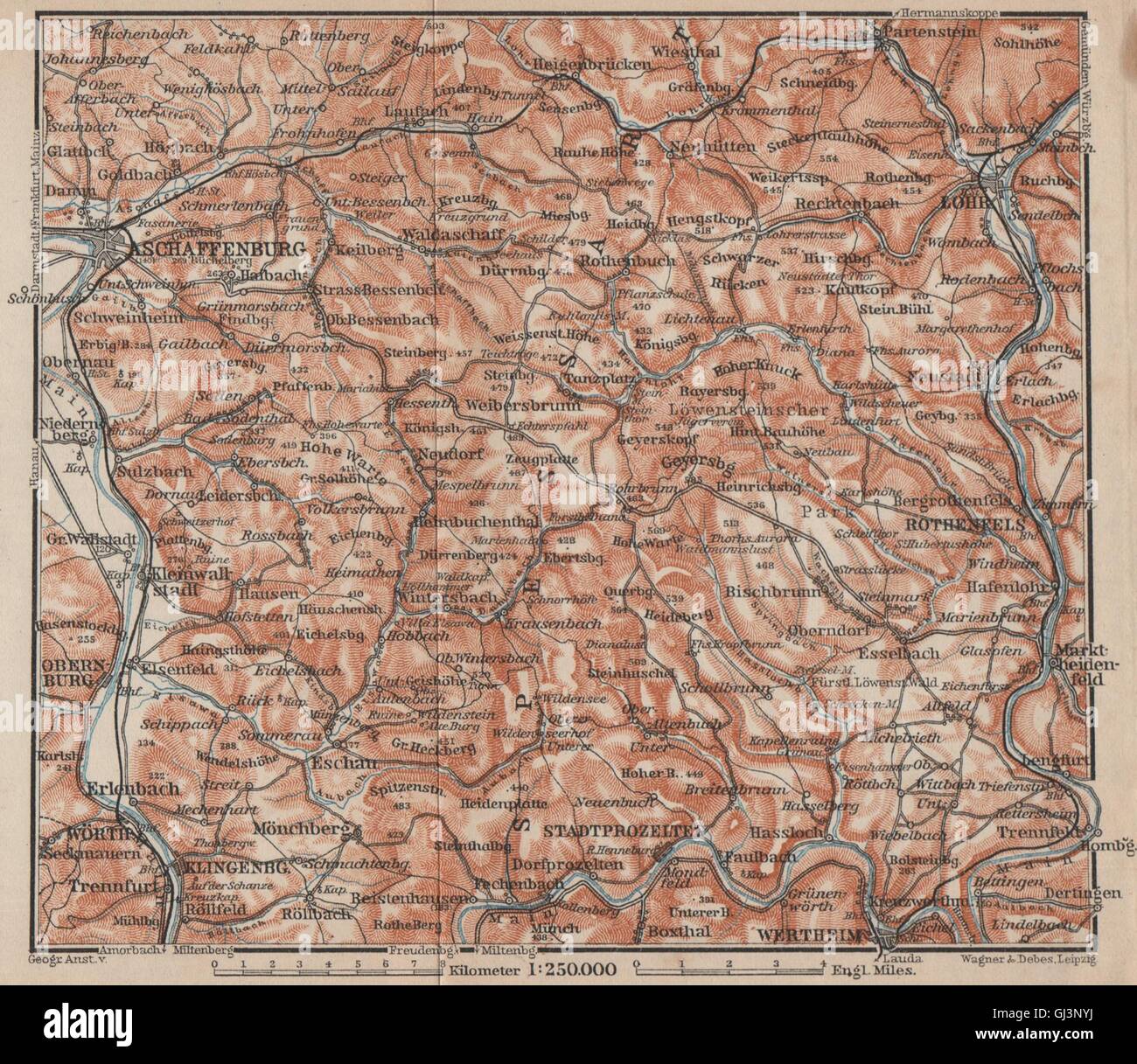 SPESSART Topo-Karte. Aschaffenburg-Lohr am Main Zertheim Geiersberg, 1902 Stockfoto