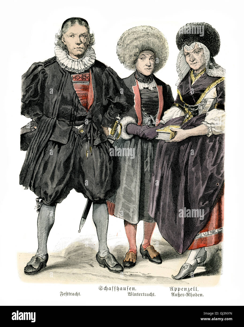 Trachten der Schweiz, Ende des 18. Jahrhunderts. Schaffhausen, Festival  Kostüme, Winter Kostüme. Apoenzell Stockfotografie - Alamy