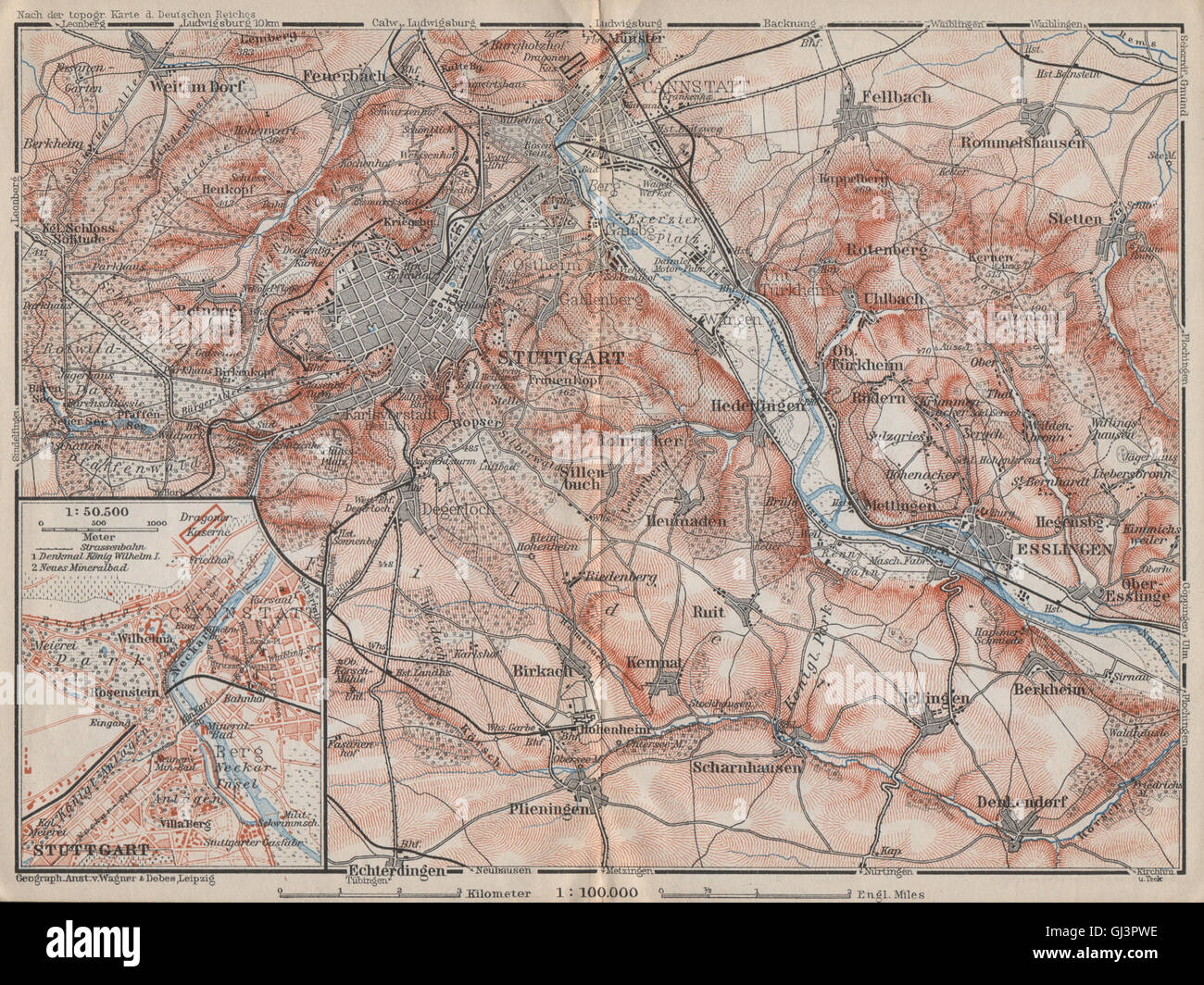 STUTTGART Umgebung/Umgebung. Cannstatt Esslingen Fellbach Hommelshausen, 1910-Karte Stockfoto