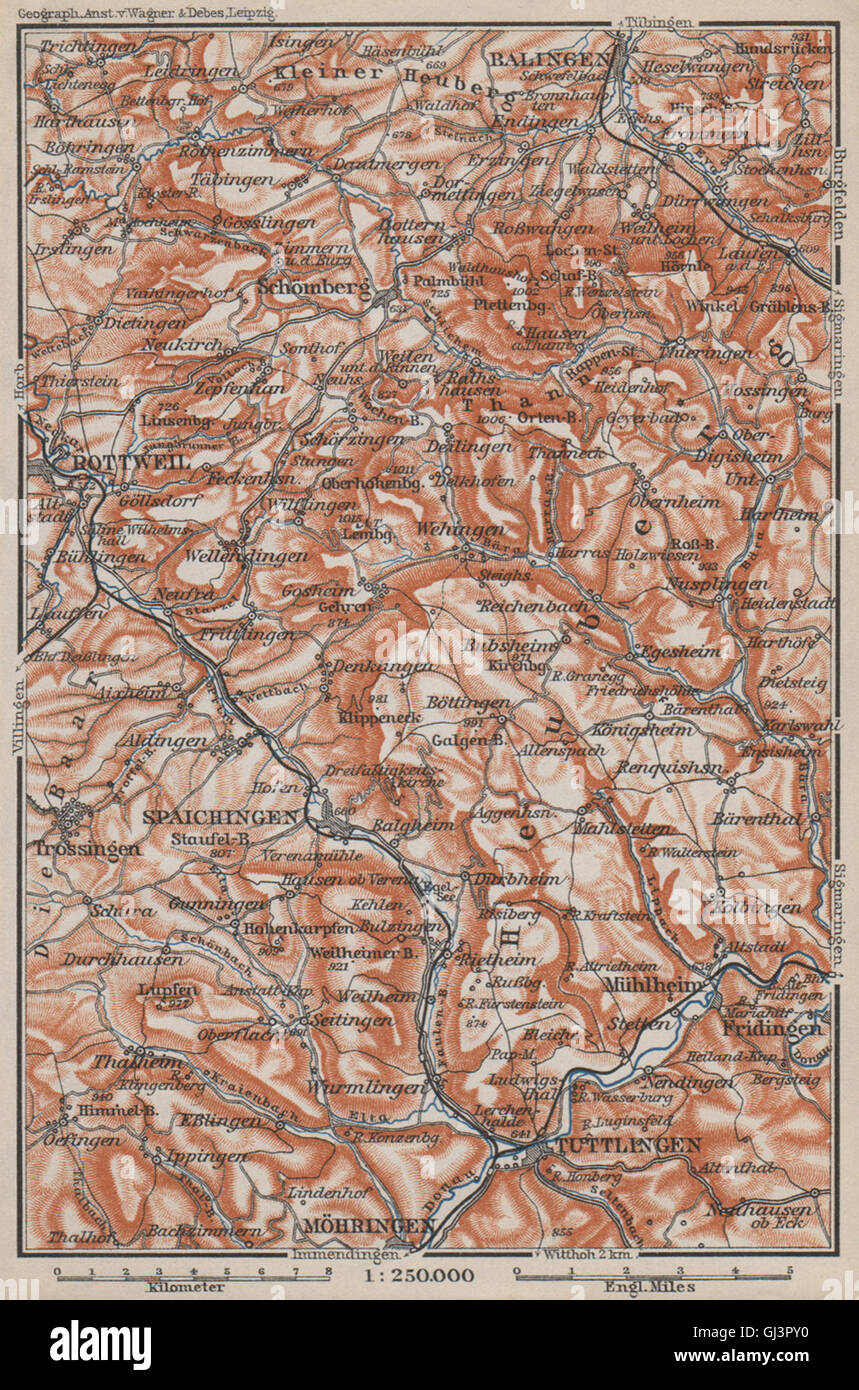 SCHWÄBISCHE ALB Südwest. Schwäbischen Alb. Obere Donau Balingen Tuttlingen, 1910-Karte Stockfoto