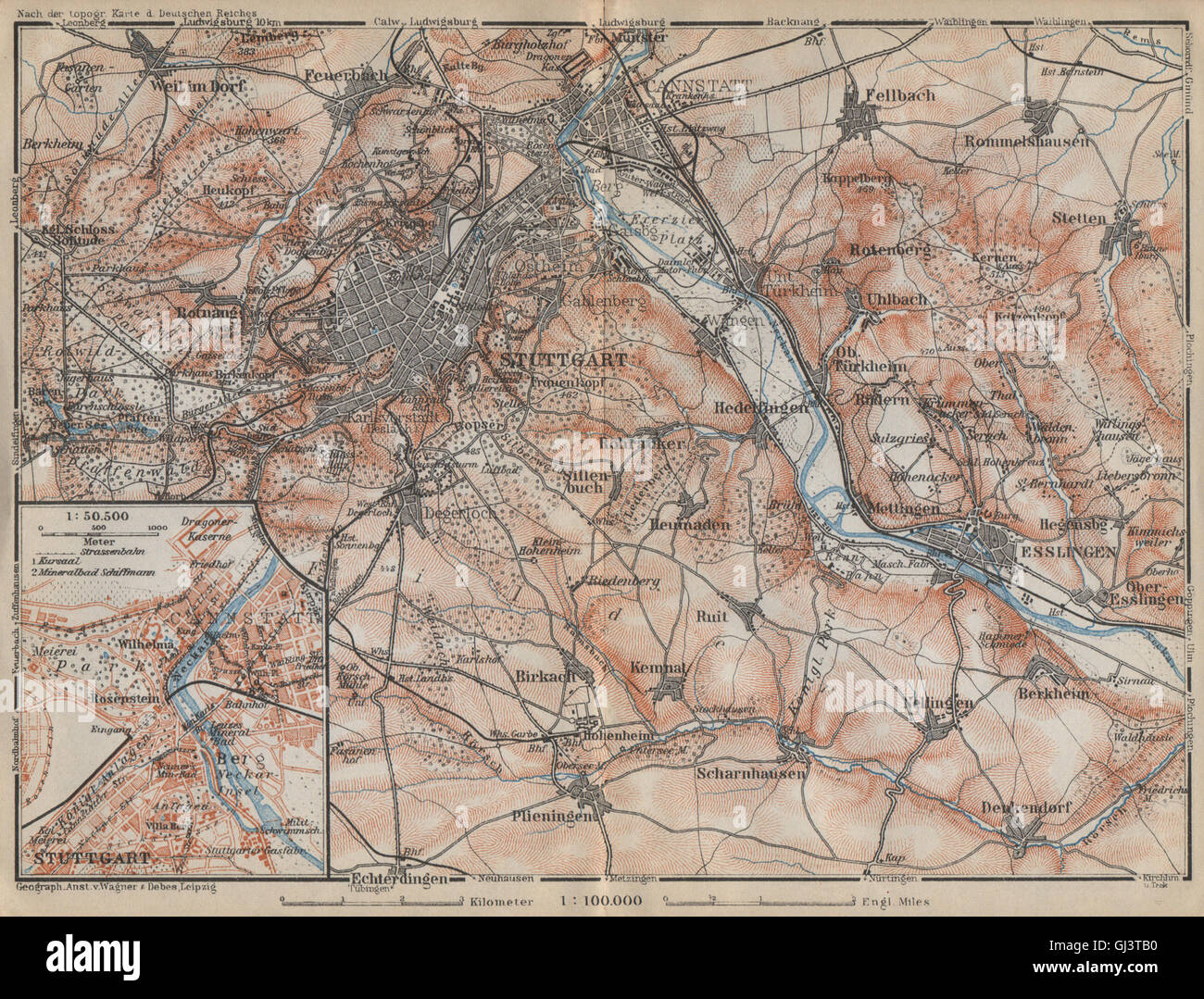 STUTTGART Umgebung/Umgebung. Cannstatt Esslingen Fellbach Hommelshausen, 1914-Karte Stockfoto