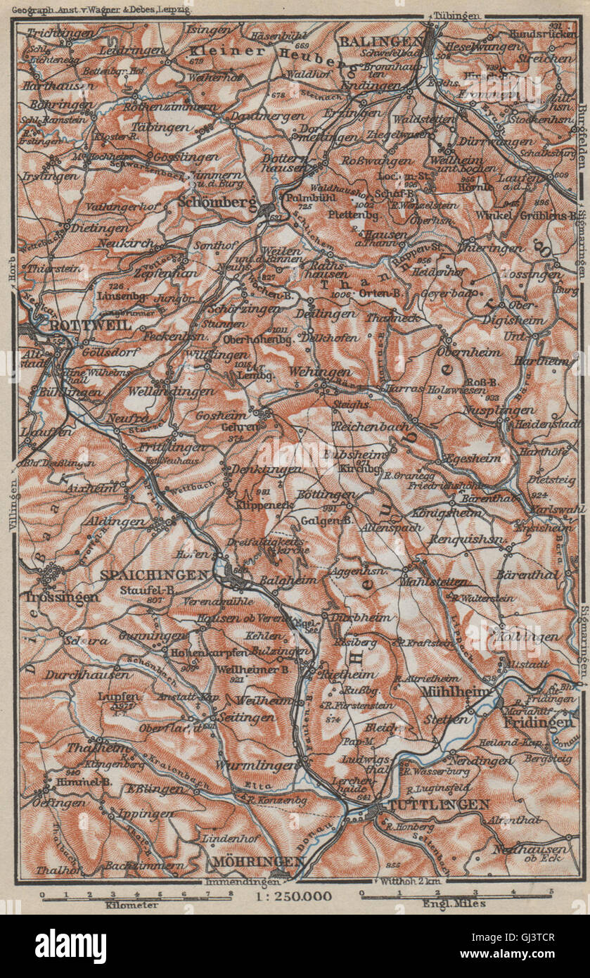 SCHWÄBISCHE ALB Südwest. Schwäbischen Alb. Obere Donau Balingen Tuttlingen, 1914 Karte Stockfoto