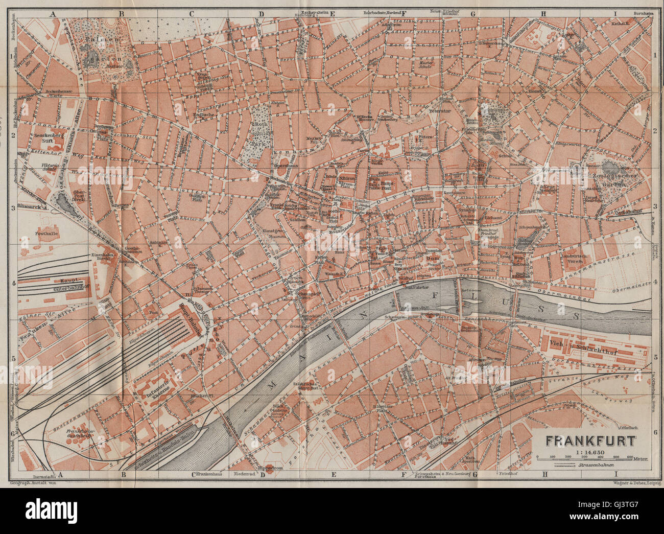 FRANKFURT AM MAIN antiken Stadt Stadt attraktivem. Hessen Karte. BAEDEKER, 1914 Karte Stockfoto
