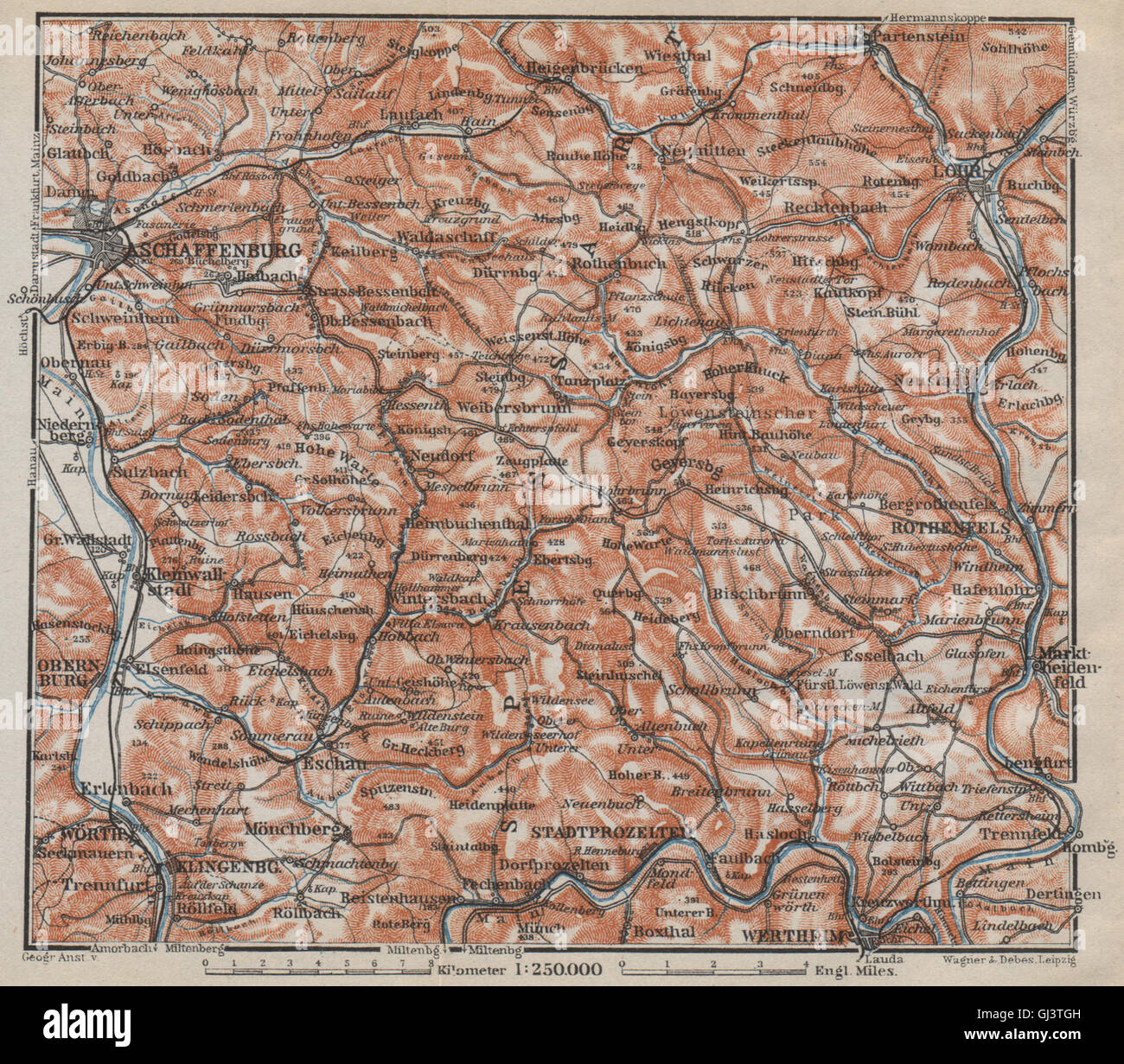 SPESSART Topo-Karte. Aschaffenburg-Lohr am Main Zertheim Geiersberg, 1914 Stockfoto