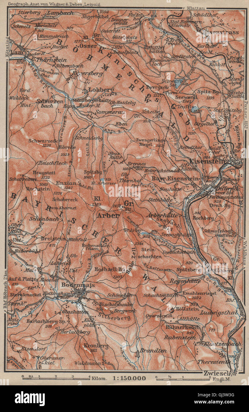 BAYERISCH/böhmische Wald Bayrischer/Böhmerwald. Bodenmais Zelezna Ruda, 1914 Karte Stockfoto
