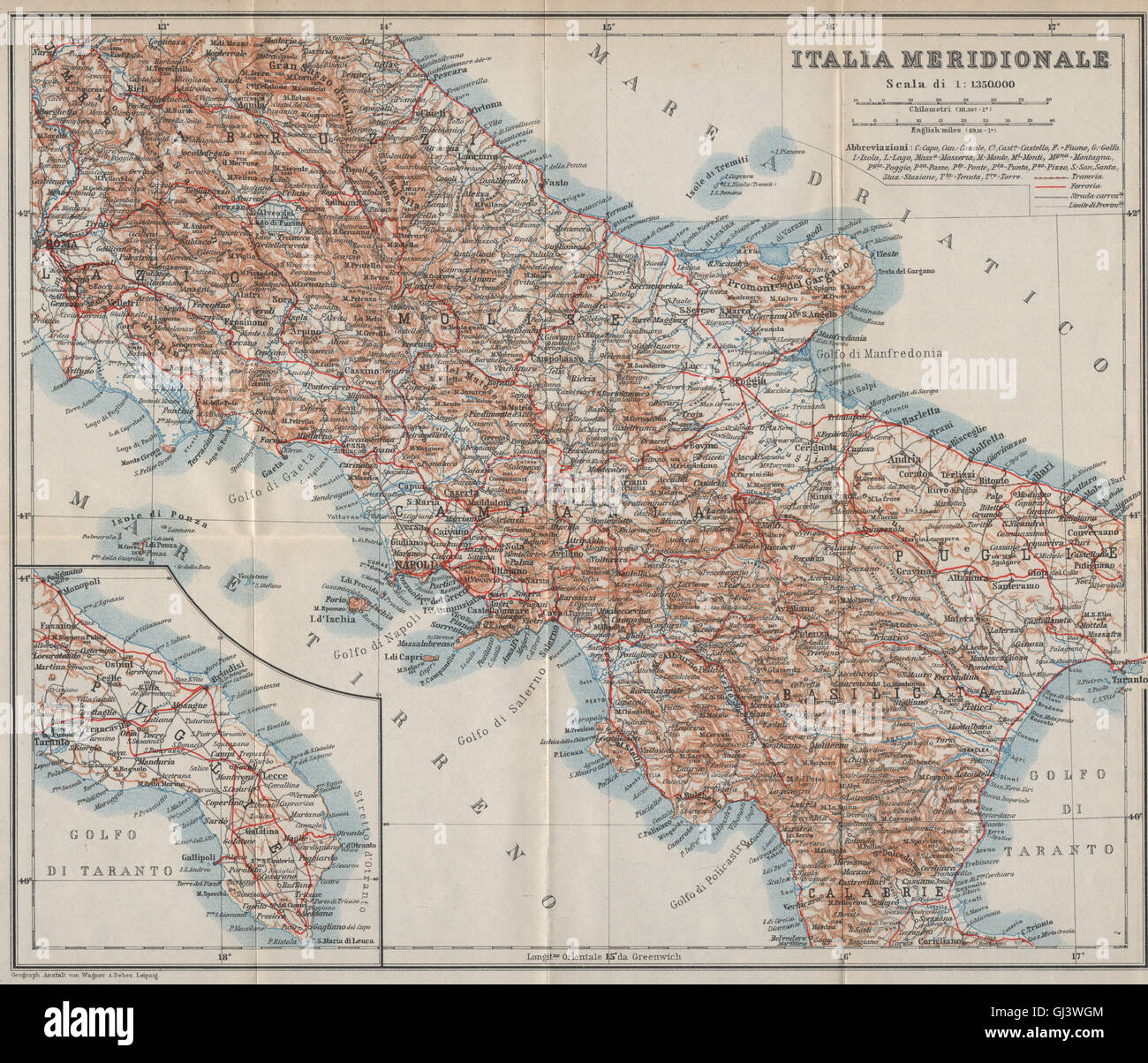 SÜDITALIEN. ITALIA MERIDIONALE. Topo-Karte Mappa. BAEDEKER, 1912 Stockfoto