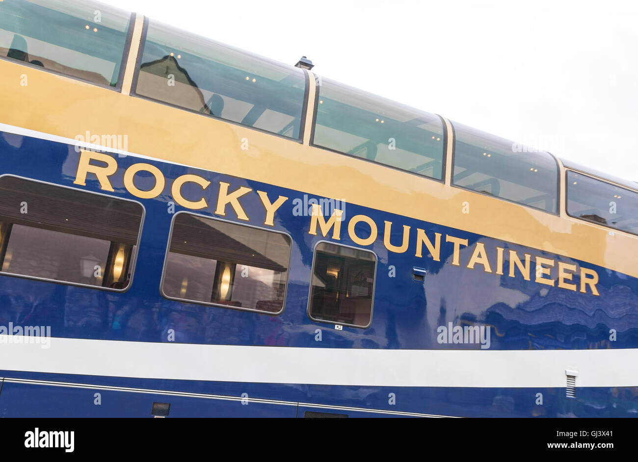 Eine Beobachtung, die mit dem Auto oder Schlitten auf der Rocky Mountaineer zug Kanada Stockfoto