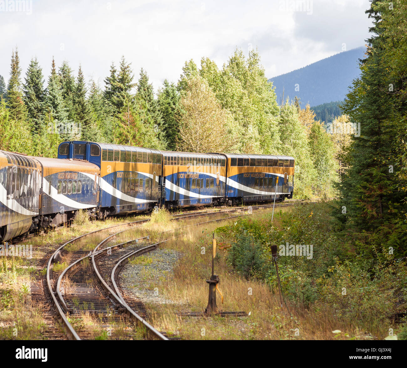 Beobachtung-Autos oder Kutschen im hinteren Teil der Rocky Mountaineer Zug Kanada Stockfoto