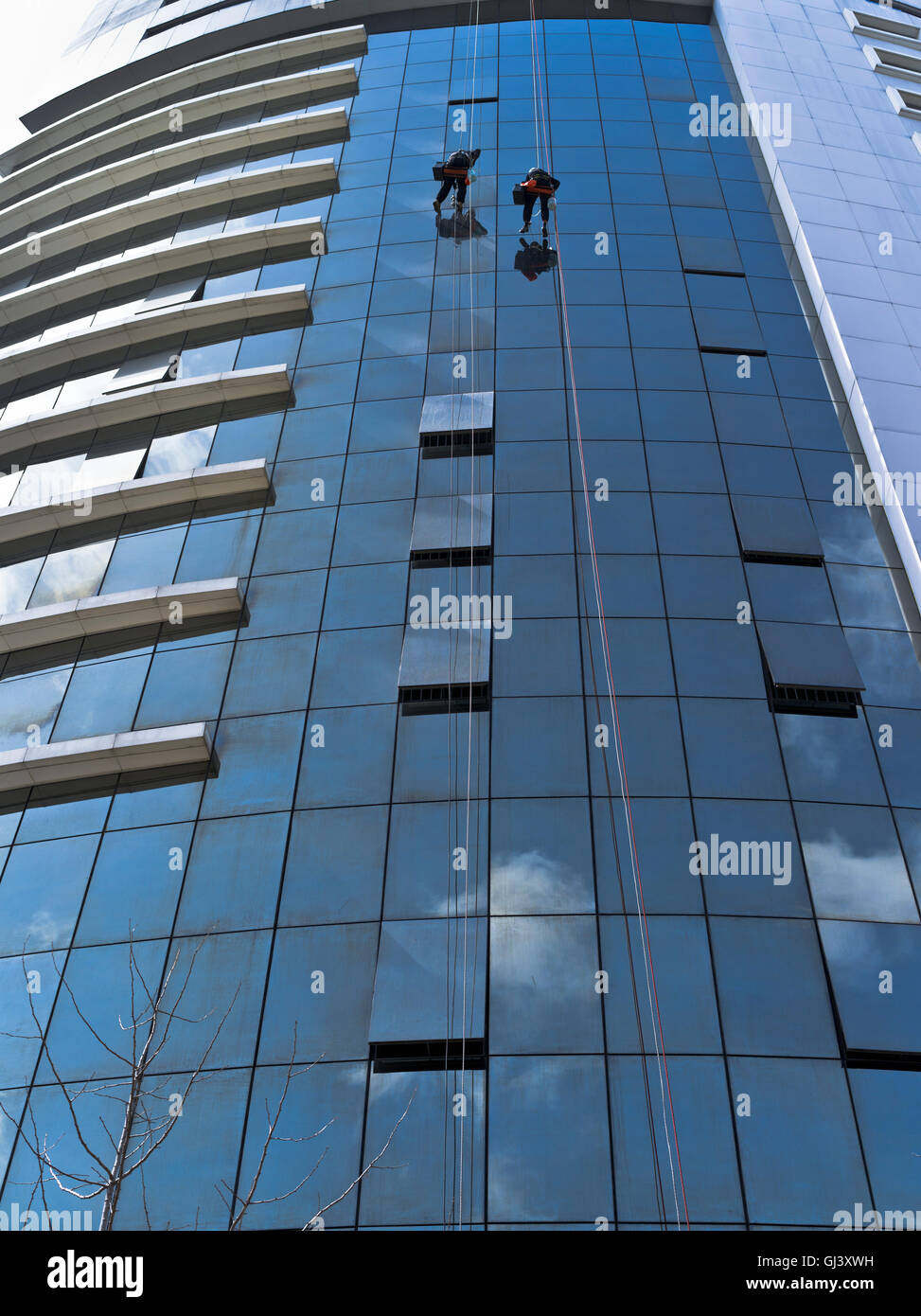 dh Oriente LISSABON PORTUGAL Fensterputzer Männer waschen Wolkenkratzerglas Putzfrauen putzen Fenster modernes Gebäude europa Stockfoto