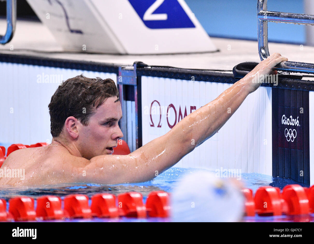 Rio De Janeiro, Brasilien. 12. August 2016. Matt Hutchins von Neuseeland reagiert in der Herren 1500m Freestyle Heats der Schwimmwettkämpfe der Rio 2016 Olympischen Spiele im Olympiastadion Aquatics in Rio De Janeiro, Brasilien, 12. August 2016. Foto: Lukas Schulze/Dpa/Alamy Live News Stockfoto