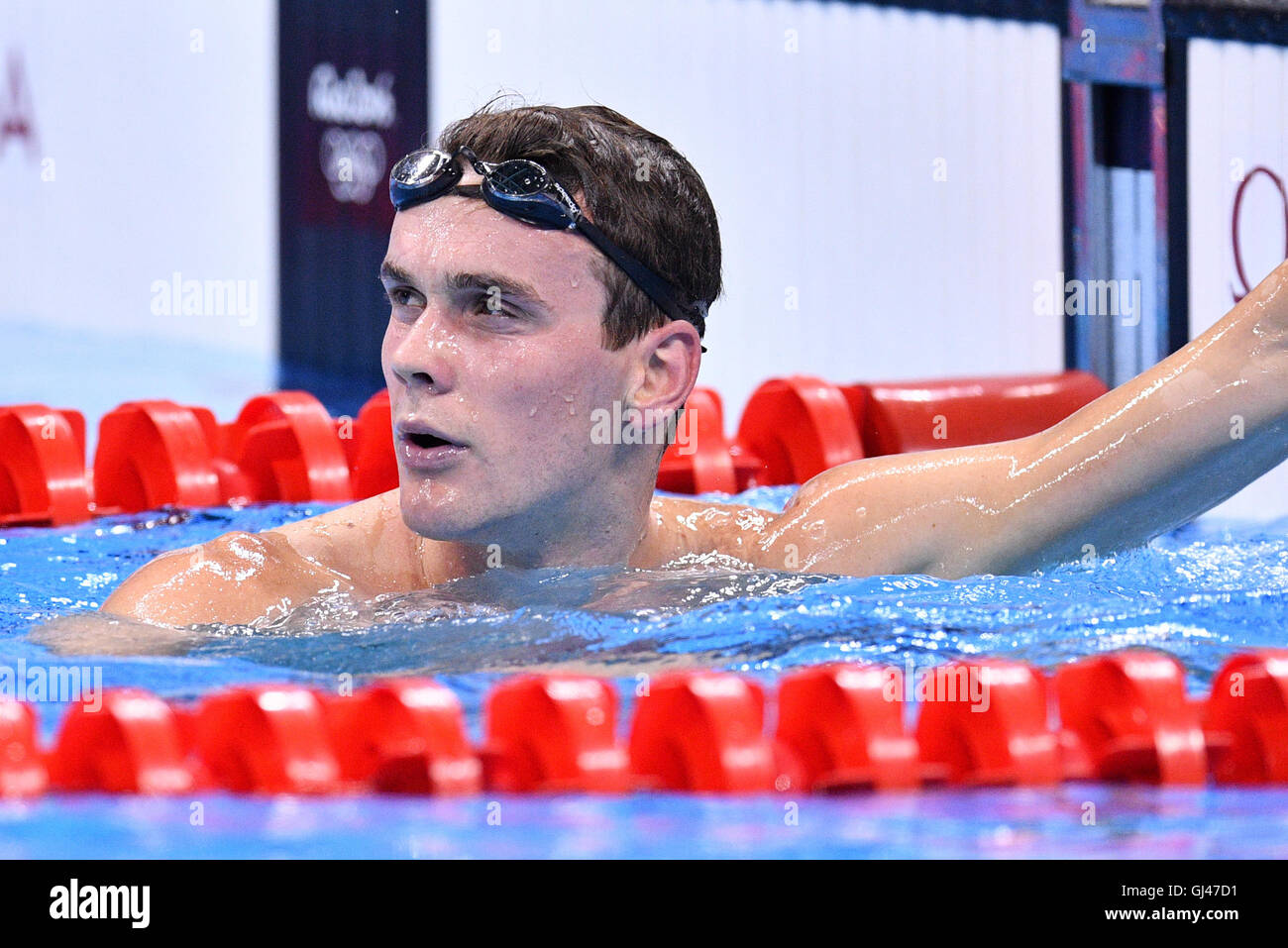 Rio De Janeiro, Brasilien. 12. August 2016. Matt Hutchins von Neuseeland reagiert in der Herren 1500m Freestyle Heats der Schwimmwettkämpfe der Rio 2016 Olympischen Spiele im Olympiastadion Aquatics in Rio De Janeiro, Brasilien, 12. August 2016. Foto: Lukas Schulze/Dpa/Alamy Live News Stockfoto