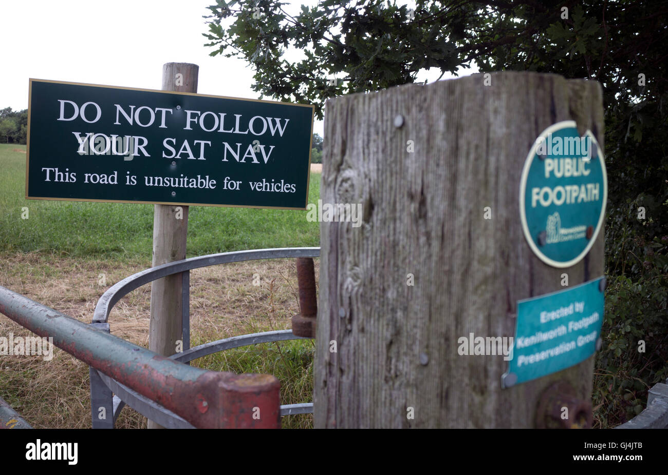 Sat Nav Fehlerwarnung von Feldweg, Warwickshire, UK Stockfoto